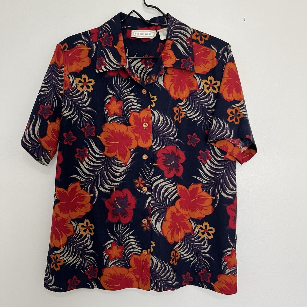 Studio Works 100% Silk Hawaiian Short Sleeve Shirt Men's M Tropical  Island